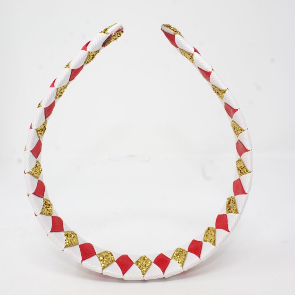 Handmade Diamond Pattern Red Glitter Gold White Double Ribbon Headband SF 49ers - Picture 4 of 4